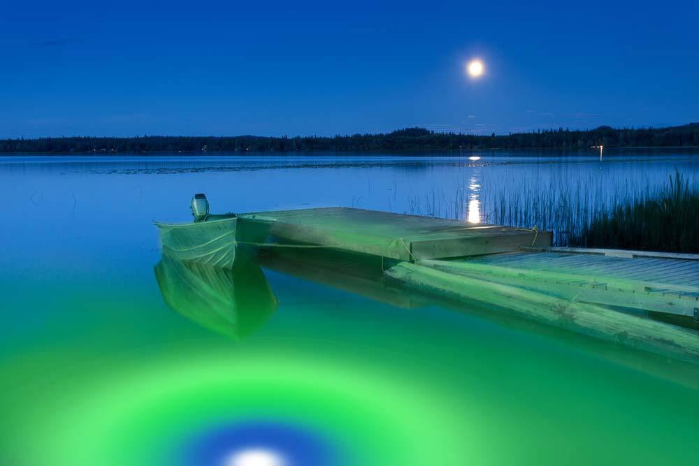 Moonlit waterfront with green underwater LED lights.