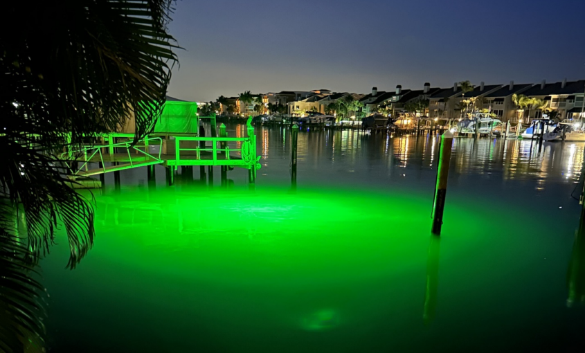 A green-colored dock light underwater.