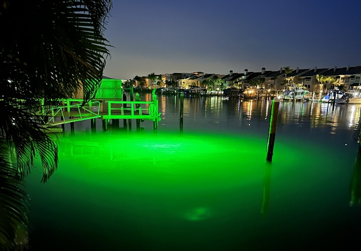 A well-lit dock with bright LED underwater lights.