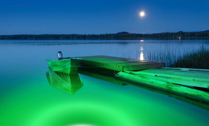 Green light in water next to a dock