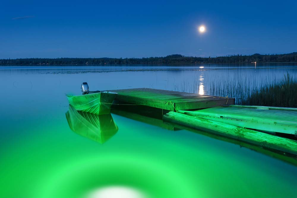 Green light in water next to a dock