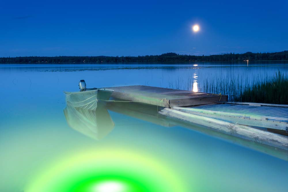 A green light next to a dock in water