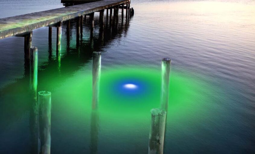 A green and blue colored underwater LED light.