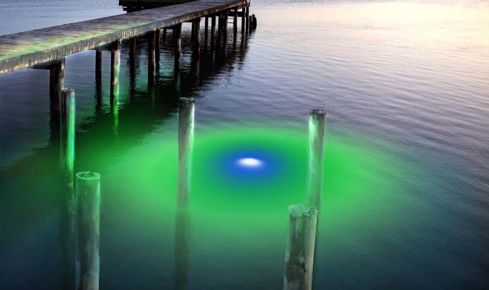 A green and blue colored underwater LED light.