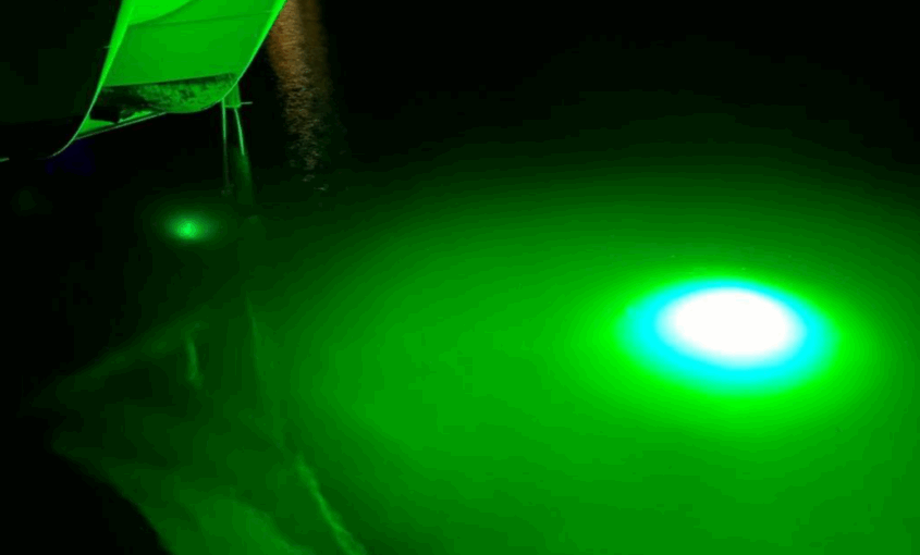 A green colored underwater LED light.