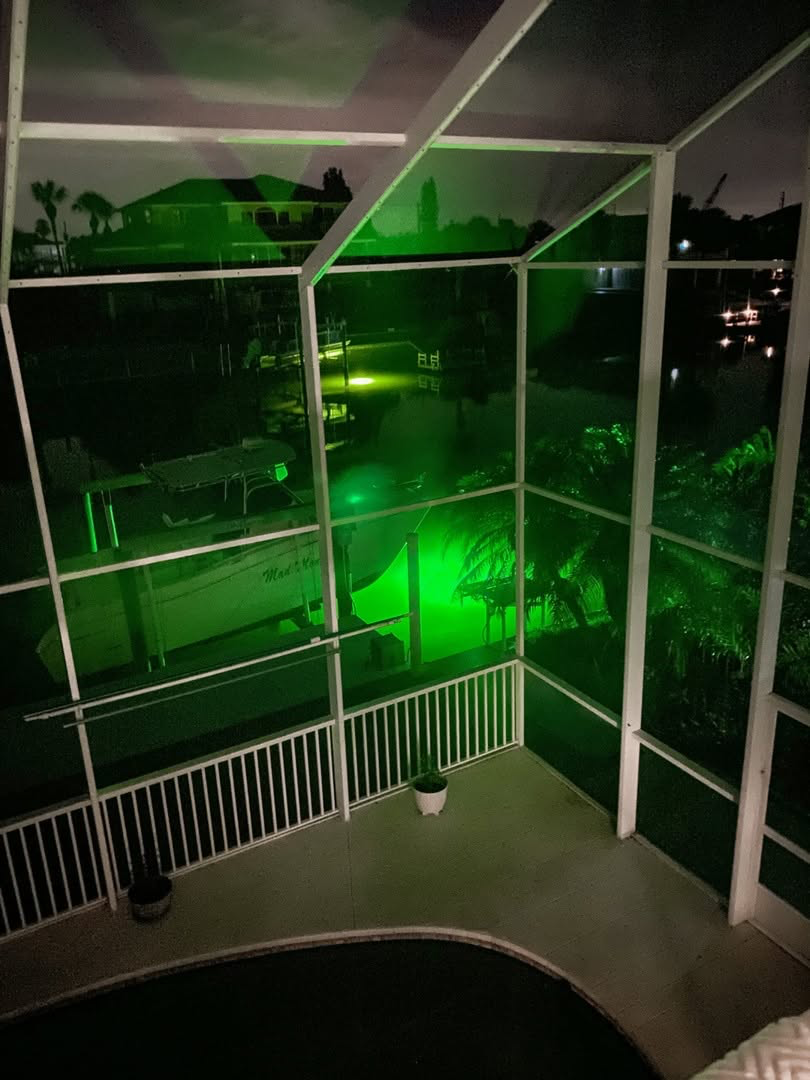 Overhead view of green underwater LED lights.