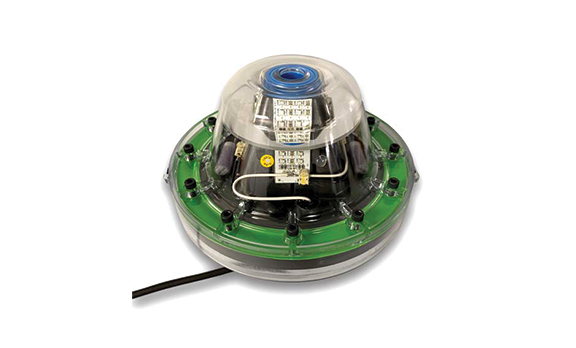 A close-up of an underwater dock light