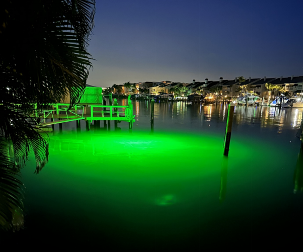An underwater LED light near a dock area.