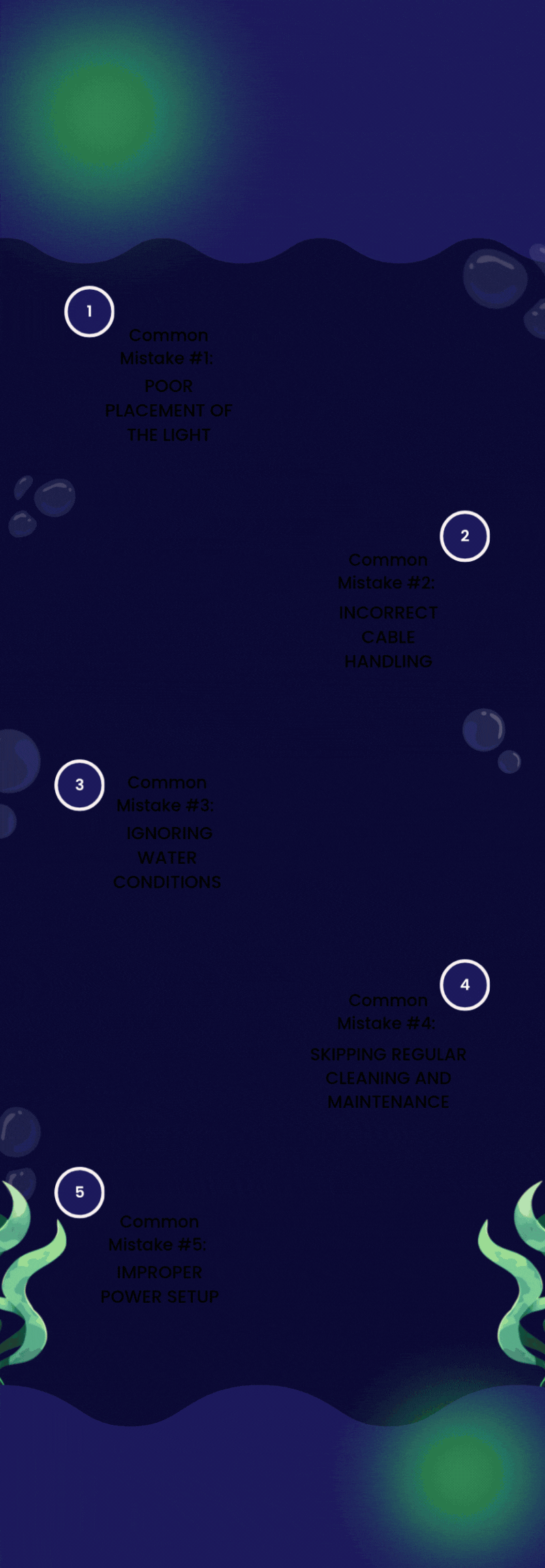 Infographic showing common mistakes when installing underwater LED dock lights, including poor placement, incorrect cable handling, ignoring water conditions, lack of maintenance, and improper power setup, with guidance for improving light coverage, stability, and consistent performance.
