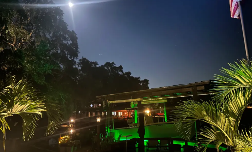 A green colored dock lights next to a property.