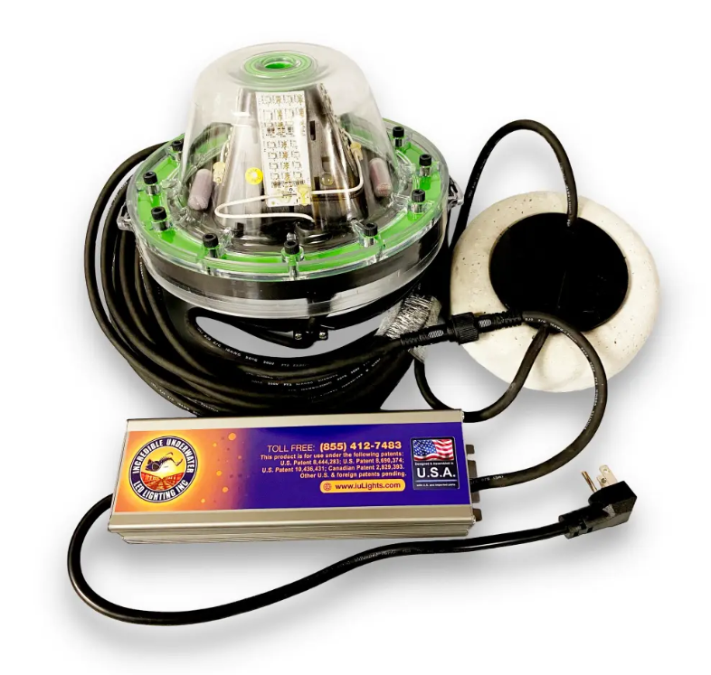 A green colored underwater LED light.