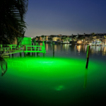 A pond with a green colored underwater LED light.