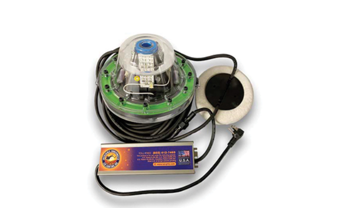 A green colored underwater LED light with wires and a battery. 