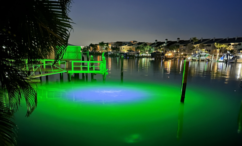 A green colored underwater LED light.